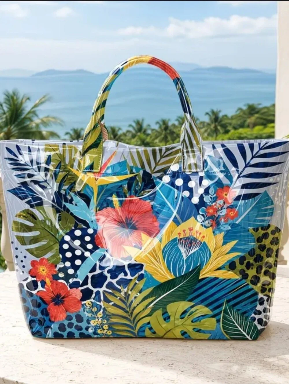 Women Exotic Tropical Hibiscus Palm Leaf Print PVC Daily Hand Tote Bag